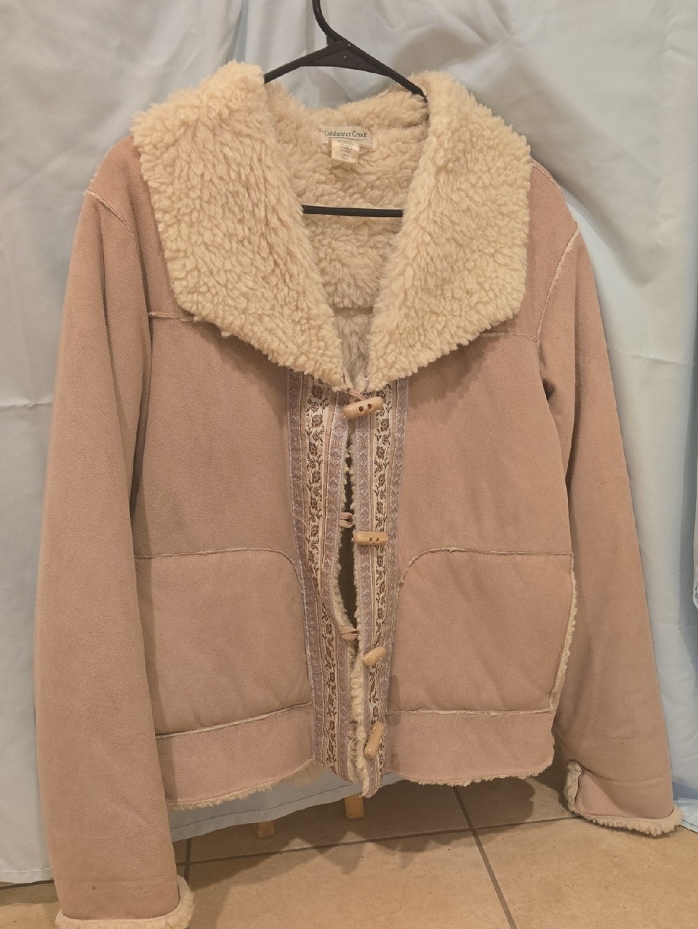 Coldwater Creek Blush Beige Teddy Jacket with Sherpa Collar And Embroidery